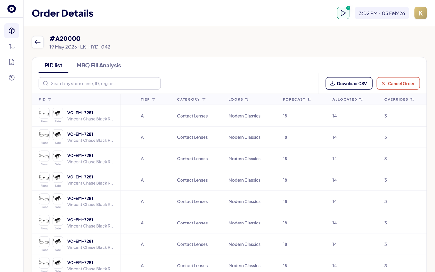 Argus active order details — PID list view