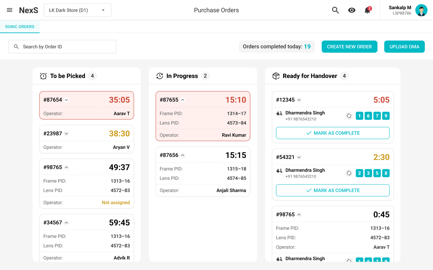 Sonic orders dashboard — kanban of orders to be picked, in progress, and ready for handover, each with a live countdown